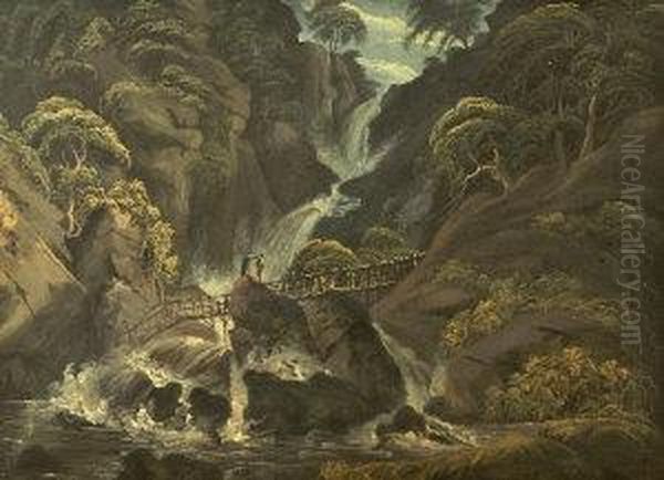 Figures Crossing A Bridge Below A Waterfall Oil Painting by Thomas Walmsley