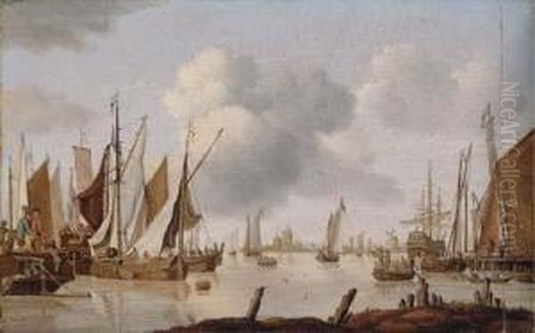 Dutch Shipping Off An Estuary With A Threemaster Oil Painting by Isaac Walraven