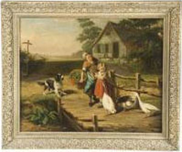 Farm Scene With Children Oil Painting by Jan Walraven