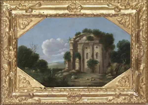 An Italianate Landscape With A Shepherd And Animals By A Ruined Roman Circular Temple Oil Painting by Goffredo, Gottfried Wals