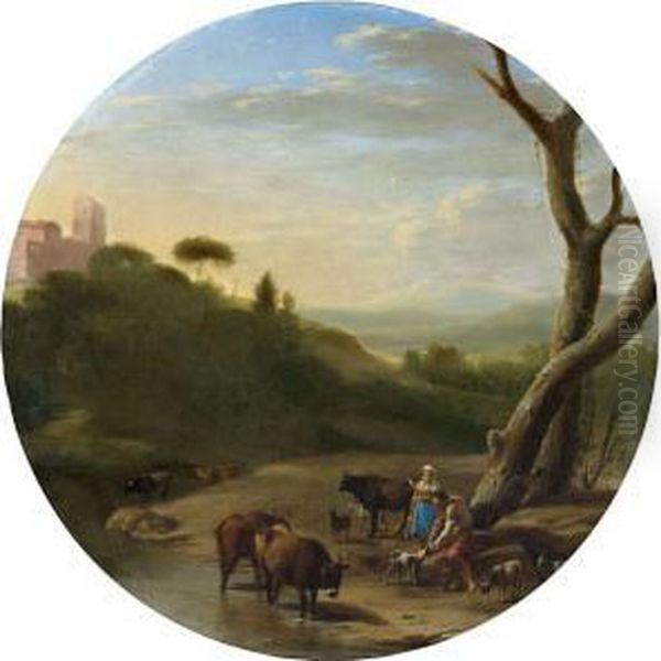 Italienische Landschaft Mit Hirten Oil Painting by Goffredo, Gottfried Wals