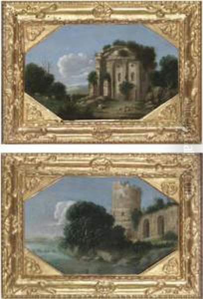 An Italianate Landscape With A Ruined Roman Wall And Tower, And A River With An Overhanging Tree;
 An Italianate Landscape With A Shepherd And Animals By A Ruined Roman Circular Temple Oil Painting by Goffredo, Gottfried Wals