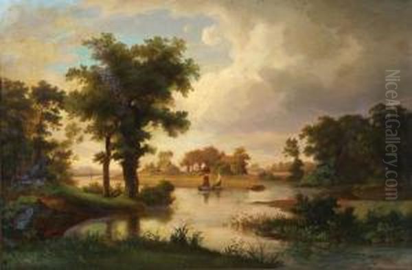 River Landscape With Sailboats And Cottages Oil Painting by Johann Georg Walte