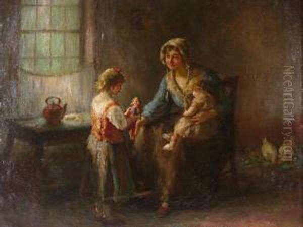 Interior Scene With Mother Andchildren Oil Painting by Charles E. Waltensperger