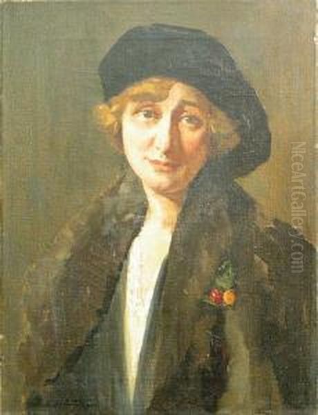 A Portrait Of A Lady In A Black Hat,1920 Oil Painting by Charles E. Waltensperger