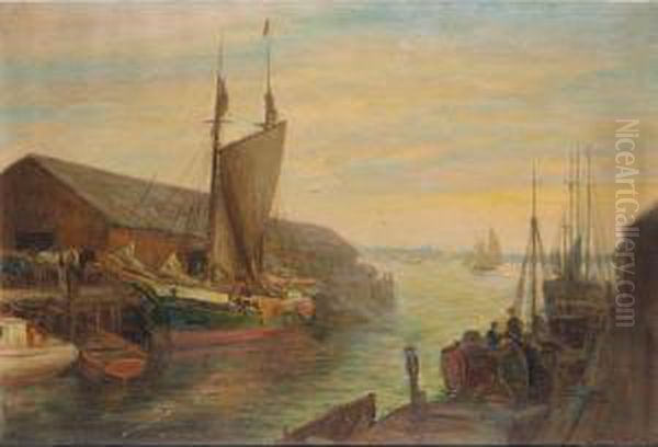 Old Wharfs, Portland Maine, Usa Oil Painting by Charles E. Waltensperger