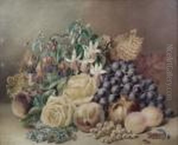 Still Life With Fuchsias,roses, Grapes, Peaches And Berries Oil Painting by Emma Walter