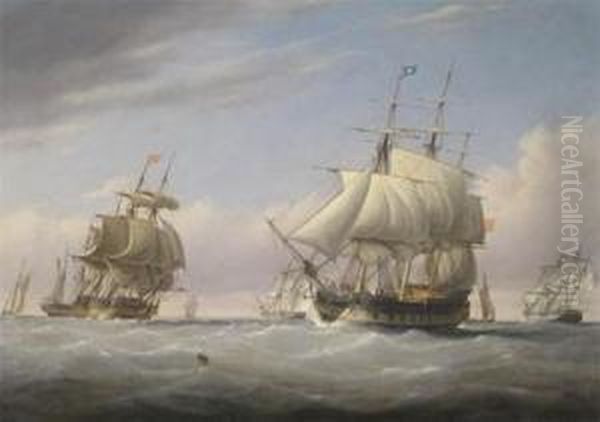 Bristol A Two Deck Man-o'war At Sea With Other Ships Oil Painting by Joseph Walter