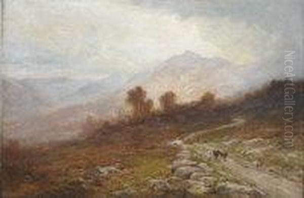 Extensive Landscape With Cattle, Sheep And Shepherd On A Stony Pathway Oil Painting by Alfred Walter Williams