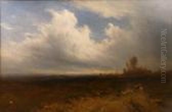 A Landscape With A Shepherd Driving Sheep Along A Path And A Mounted Figure Oil Painting by Alfred Walter Williams