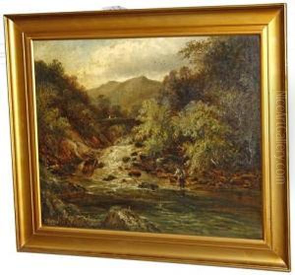 Fisherman Below The Swallow Falls, Bettws-y-coed, N. Wales Oil Painting by Evan Walters