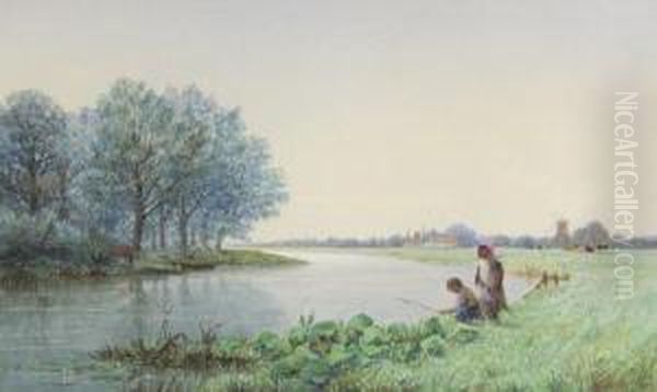 Children Fishing From Riverbank Oil Painting by George Stanfield Walters