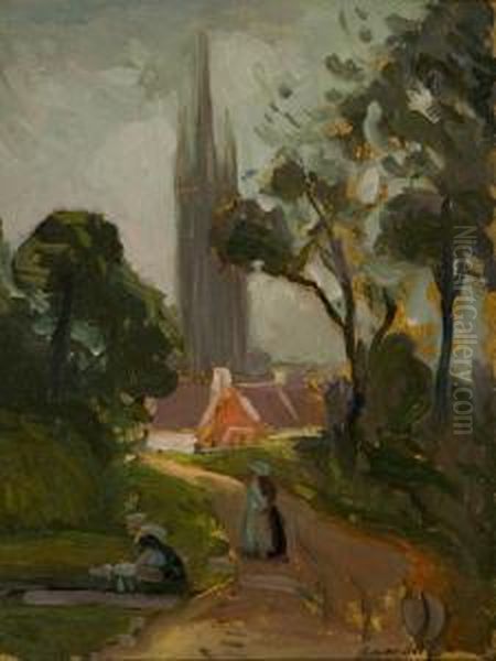 Scene Of A Cathedral And House With Figures In The Foreground Oil Painting by Charles H. Walthers