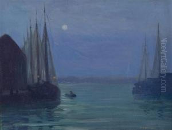 Nightime Scene Of Sailboats In A Harbor Oil Painting by Charles H. Walthers