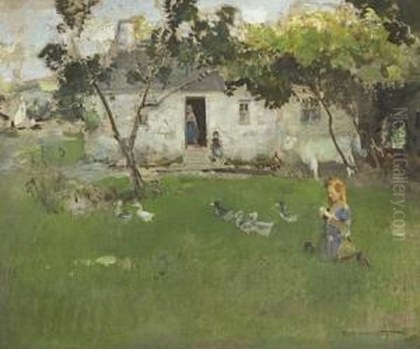 Girl And Ducks Oil Painting by Edward Arthur Walton