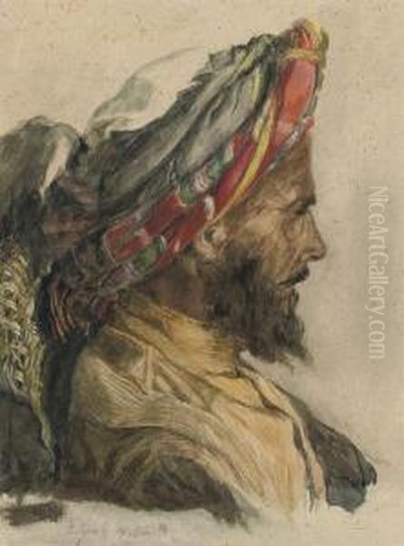 Portrait Of An Arab, In Profile, Wearing A Turban Oil Painting by Elijah Walton