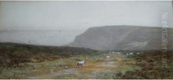 Sheep On A Clifftop Path Oil Painting by Frank Walton