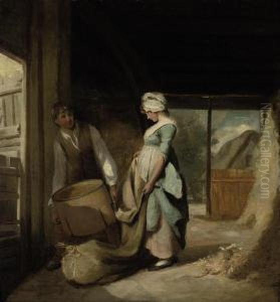 Two Peasants Conversing In A Barn Interior Oil Painting by Henry Walton