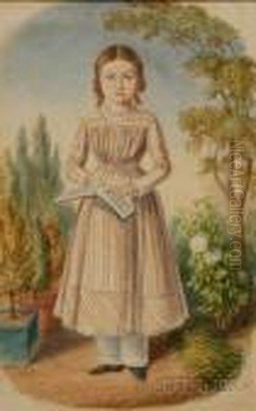 Portrait Of A Girl On A Garden Path Holding A Book Of Music. Oil Painting by Henry Walton