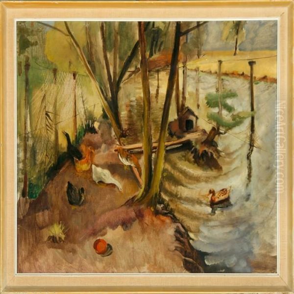 Ducks And Geese At A Pond Oil Painting by Elisabeth Moller Wandel