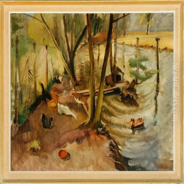 Ducks And Geese At Apond Oil Painting by Elisabeth Moller Wandel