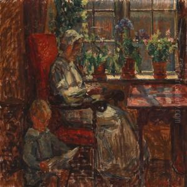 Interior With The Artist's Wife And Son Oil Painting by Sigurd Wandel