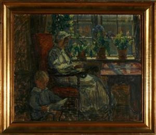 Interior With The Artists Wife And Child Oil Painting by Sigurd Wandel