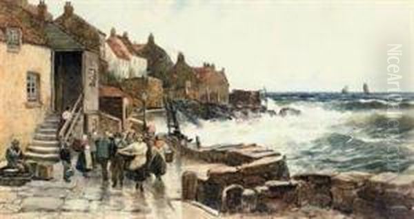 Fisherfolk With Their Catch In A Scottish Port, An Onshorebreeze Oil Painting by Richard Wane