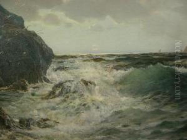 The Ocean Breaks Against The Stern Dumb Shore Oil Painting by Richard Wane