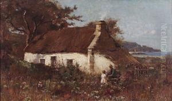 A Thatched Fisherman's Cottage With Old Man And Child In The Garden, Indistinctly Signed Oil Painting by Richard Wane