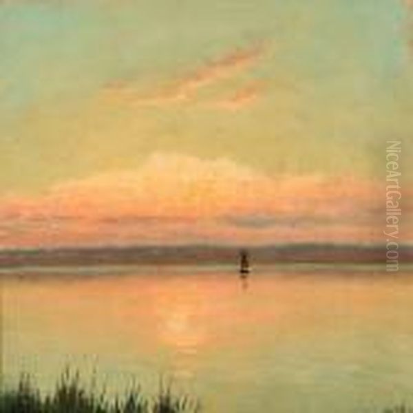 Coastal Scene With A Sailboat At Sunset Oil Painting by Albert Edward Wang