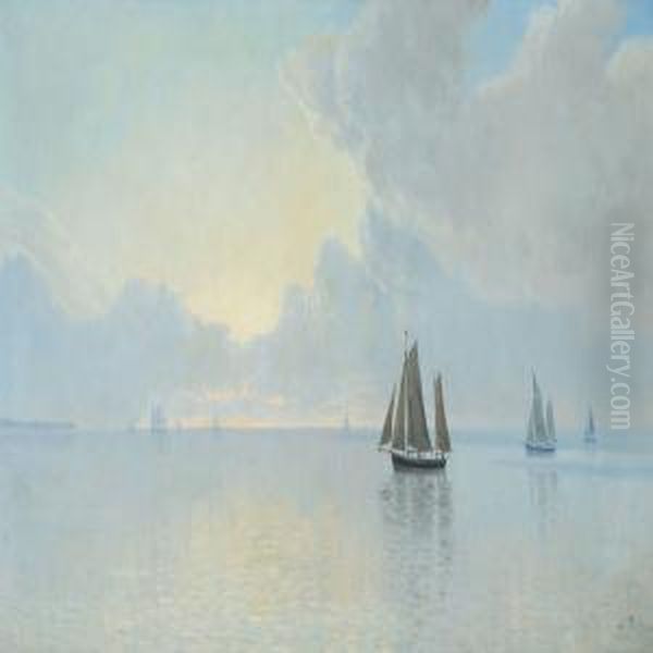 Scenery From Horsens Inlet With Ships At Sea, On A Quietday Oil Painting by Albert Edward Wang