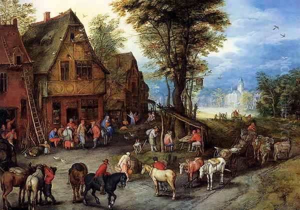 A Village Street With The Holy Family Arriving At An Inn Oil Painting by Jan The Elder Brueghel