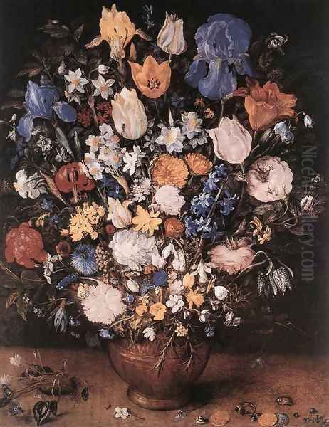 Bouquet in a Clay Vase 1599-1607 Oil Painting by Jan The Elder Brueghel