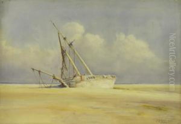 Shipwreck On The Beach Oil Painting by Charles Edward Wanless