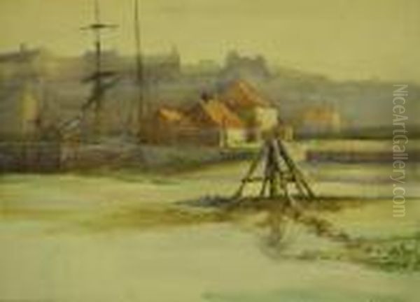 'low Tide Whitby Harbour' And Four Other Studies Of Fishing Boats Oil Painting by Charles Edward Wanless