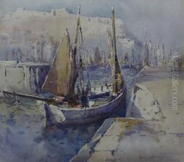 Fishing Boats In Scarborough Harbour Oil Painting by Harry Wanless