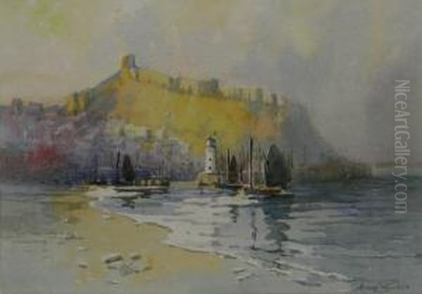 Scarborough Castle And Lighthouse Oil Painting by Harry Wanless