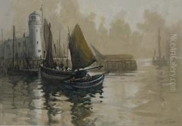 Fishing Boats Off The Lighthouse Scarborough Oil Painting by Harry Wanless