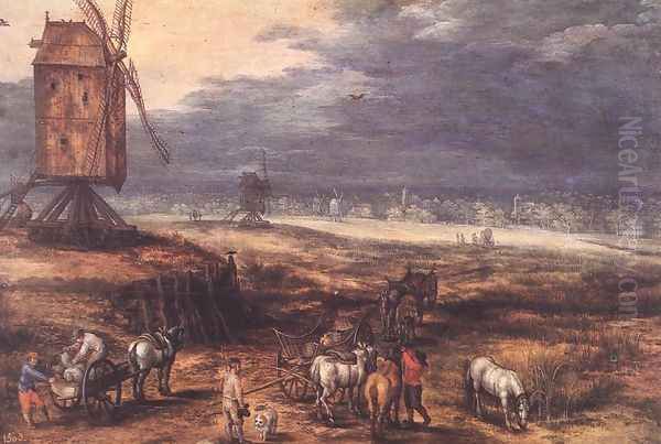 Landscape with Windmills c. 1607 Oil Painting by Jan The Elder Brueghel