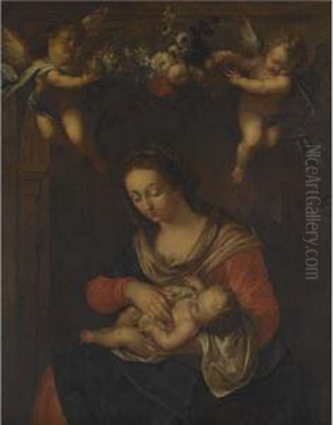 Madonna And Child With Putti Holding A Flower Garland Oil Painting by Jan Baptiste Wans