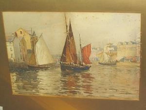 Fishing Boats In A Harbour, Thought To Be Douglas Oil Painting by Samuel Warburton