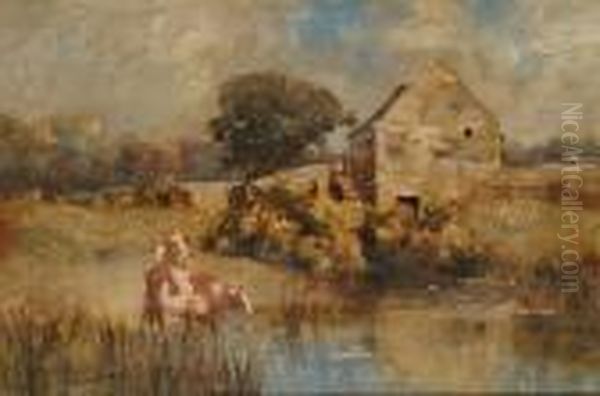 Cattle Watering By A Mill Oil Painting by Samuel Warburton