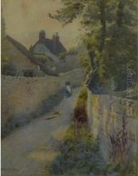 A Lady Walking Down A Walled Lane Oil Painting by Charles Ward