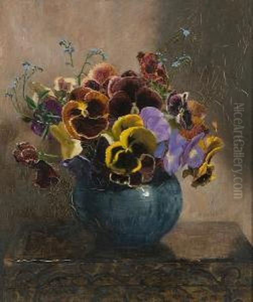 Still Life Of Pansies In Blue Vase Oil Painting by Charles Ward