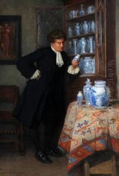 A Collector Before His Cabinet Of Chinese And Delft Blue And White Porcelain Oil Painting by Charles S. Ward