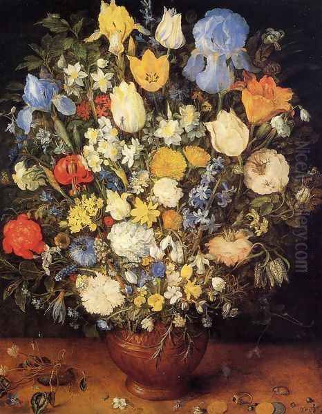 Bouquet of Flowers in a Ceramic Vase Oil Painting by Jan The Elder Brueghel