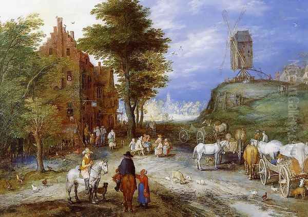 Village Entrance with Windmill Oil Painting by Jan The Elder Brueghel