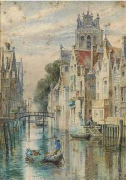 Punting Along A City Canal Oil Painting by George Raphael Ward