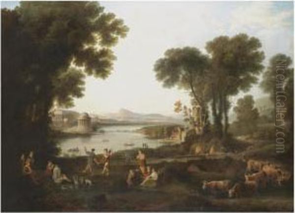 A Classical Landscape With Figures Dancing by Gill William Ward